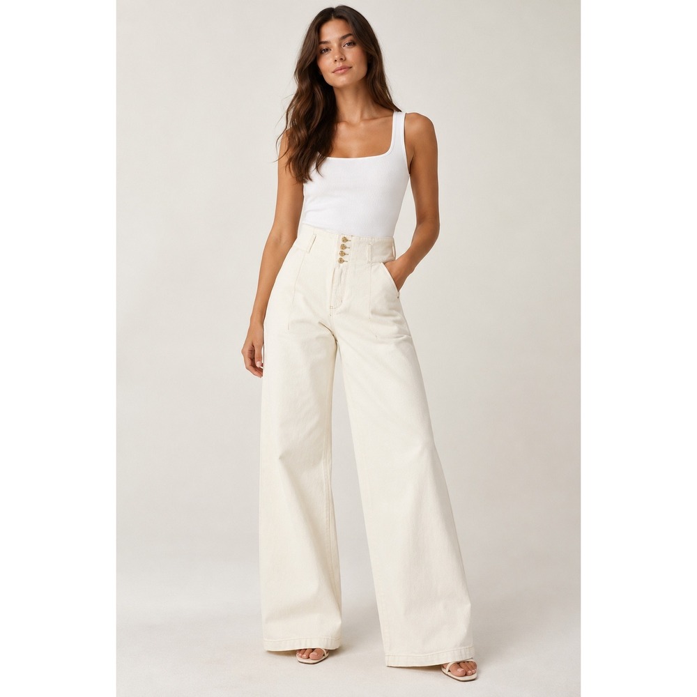 Studio F Womens High Waisted Wide Leg Pants Cream Cotton Size 10 S740284-112